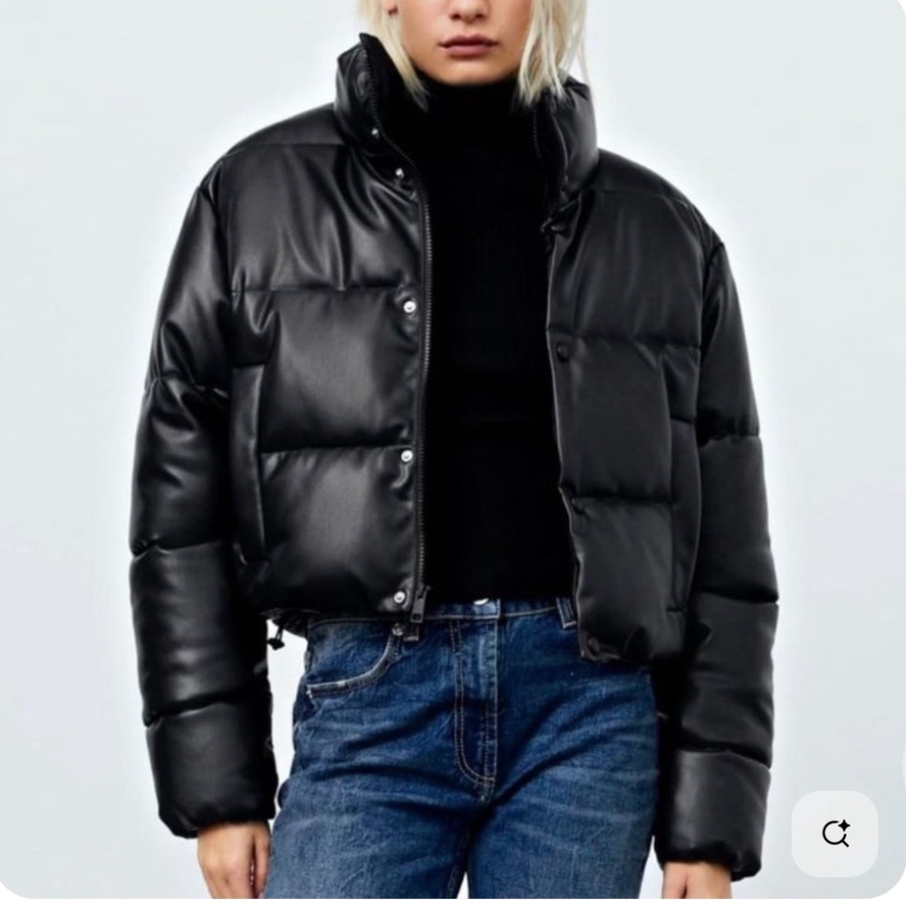 Zara Womens Zip Up Faux Leather Cropped Quilted Puffer Jacket Black Sz S